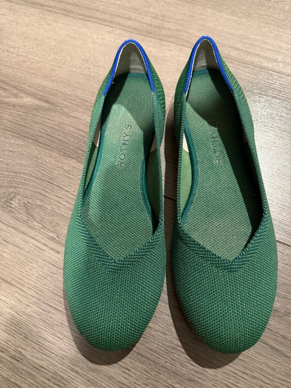 Rothy's Forest Green Knit Pointed-Toe Flats with Blue Trim - Picture 4 of 4